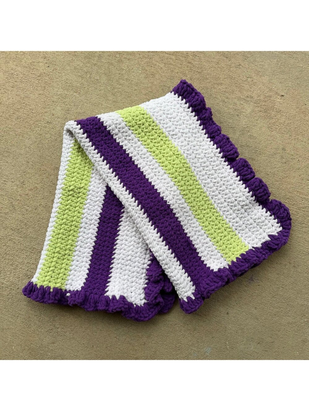 Handmade Crochet Baby Blanket Purple Green White Striped Ruffle Border 43.5x26